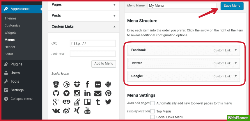 add social icons to wordpress menu
